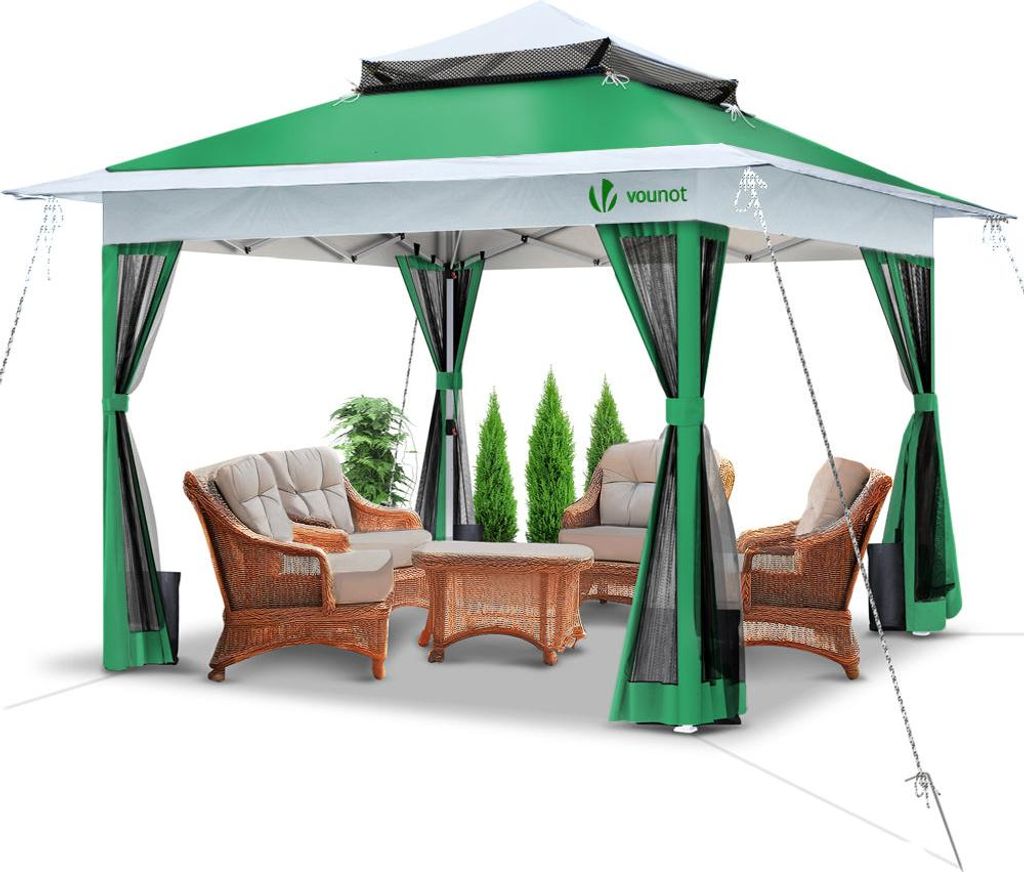 VOUNOT Pavillon 3,6x3,6m, Pop Up Partyzelt mit Mesh Sides & Doppeldach Faltpavillon Grün