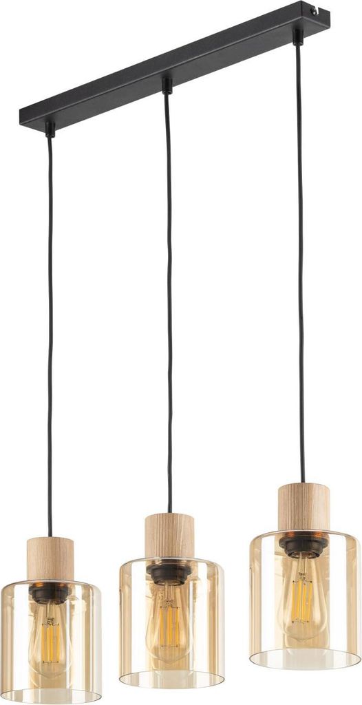 Hängeleuchte Metall Rauchglas E27 H: max. 90 cm Schwarz Bernstein Kiefer 3-flammig länglich Modern