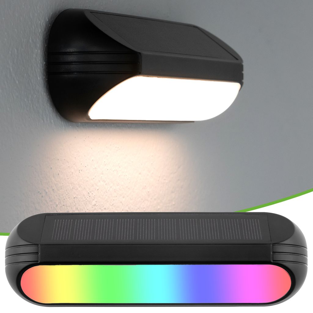 A collage showing a solar-powered wall light mounted on a wall and a separate view of the light displaying a rainbow color spectrum.