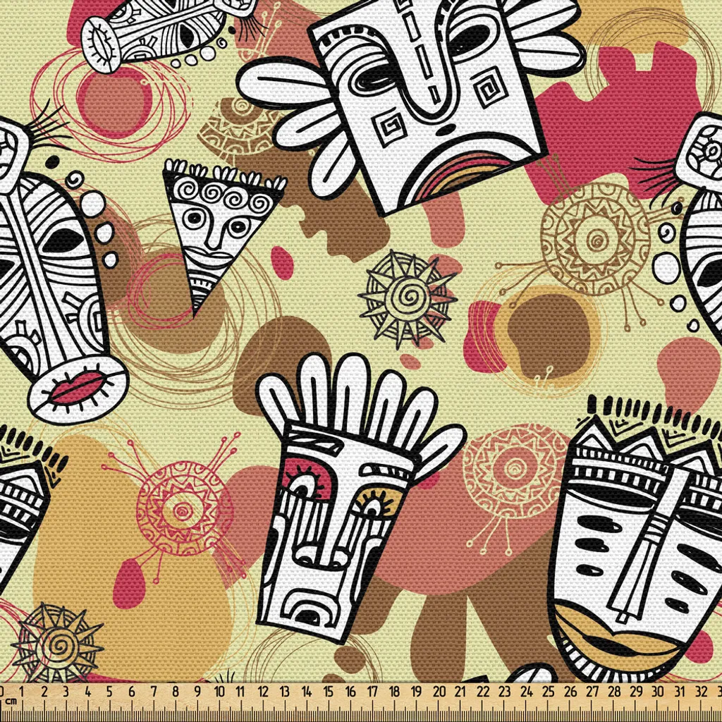 Tissu pour rideaux et nappes 3m motif tribal masques colorés kaki
