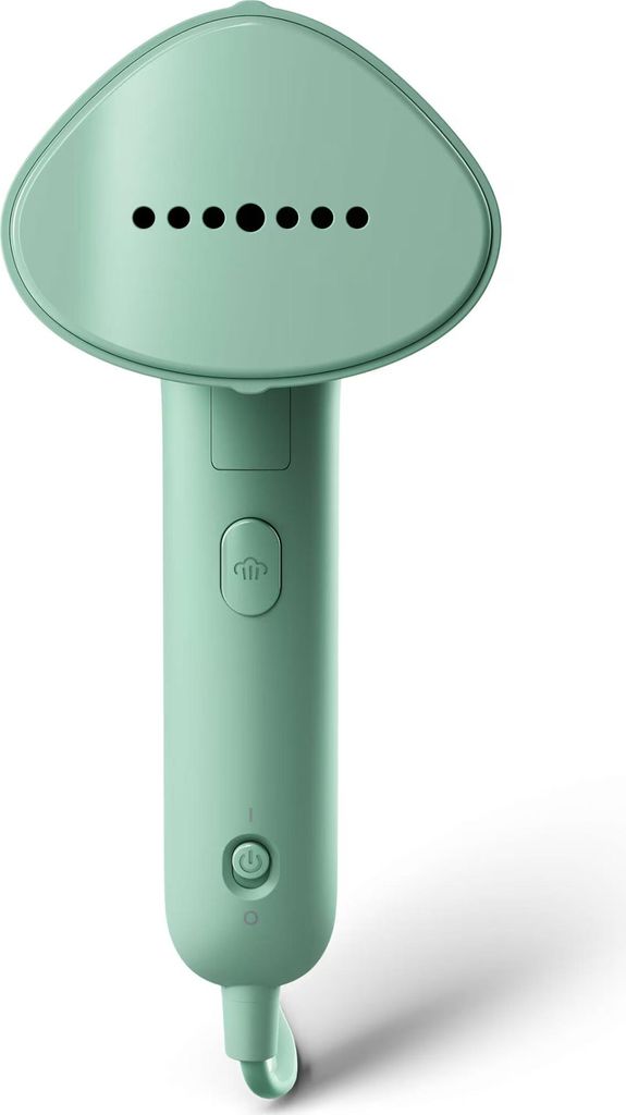 A mint green handheld garment steamer, shown upright against a white background.