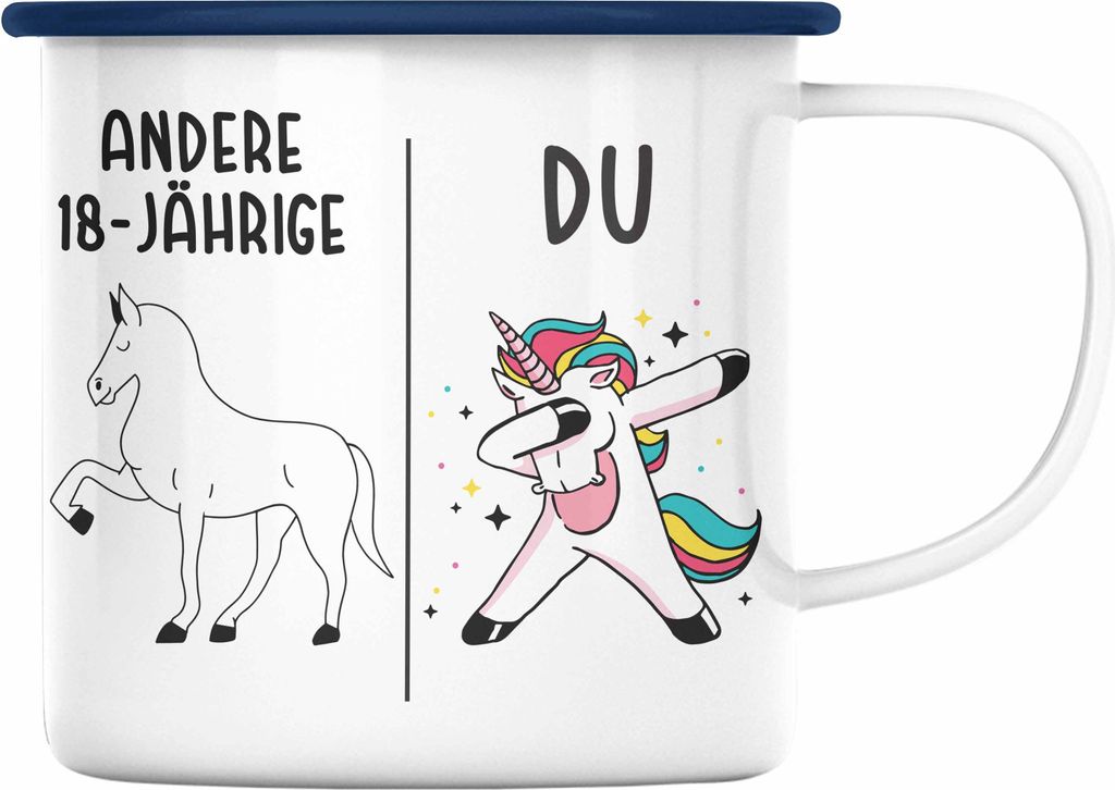 Trendation - 18. Geburtstag Mädchen Emaille Tasse Einhorn Geschenk Geschenkidee 18er Geburtstag (Blau)