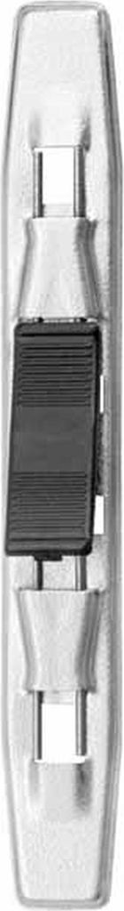 A close-up, top-down view of a black and silver metal clamp.