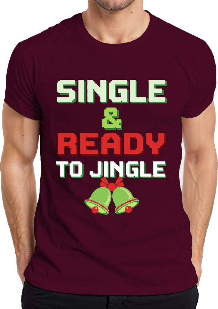 SINGLE & READY TO JINGLE Weihnachten Lustig Retro Pixel Party Herren T-Shirt, Burgundy, M