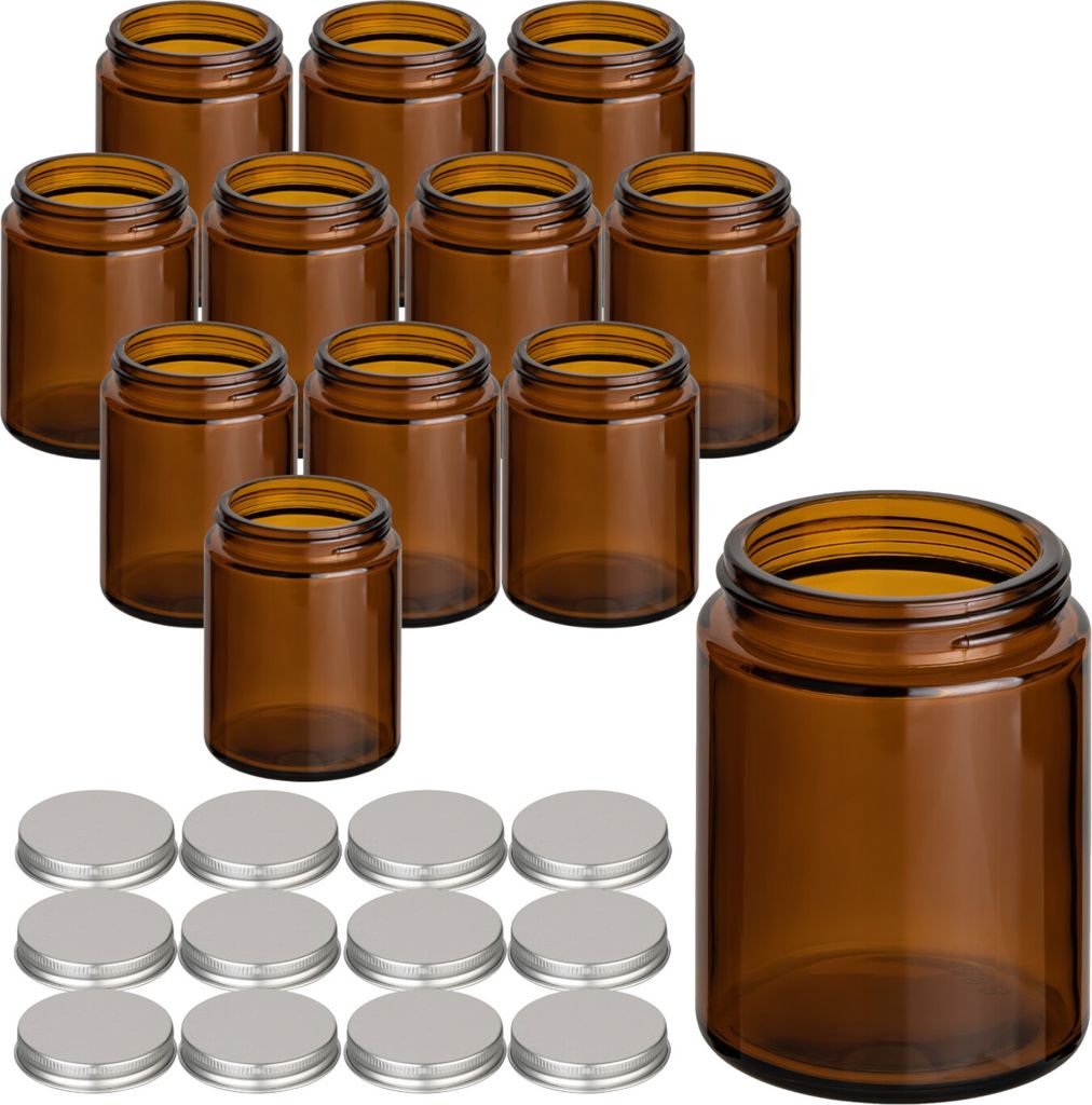 gouveo 12er Set Cremetiegel 150 ml aus Braunglas mit Schraub-Deckel silberfarben - Leere Cremedose zum Nachfüllen - Kleine Glasdose für Creme, Ko...