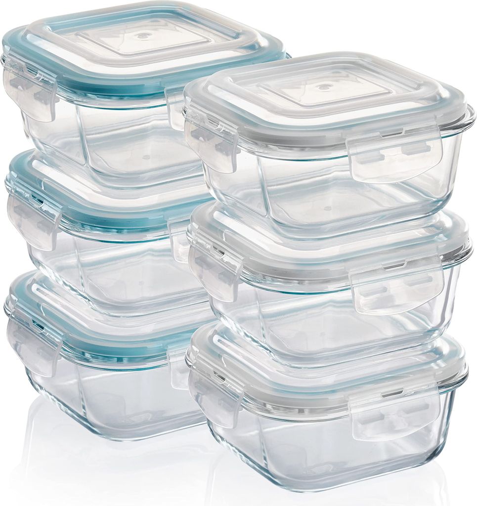 Frischhaltedose – Glas Vorratsdosen 6x520 ml, quadratisch, luftdicht mit Click-Verschluss, für Ofen, Mikrowelle & Gefrierfach geeignet