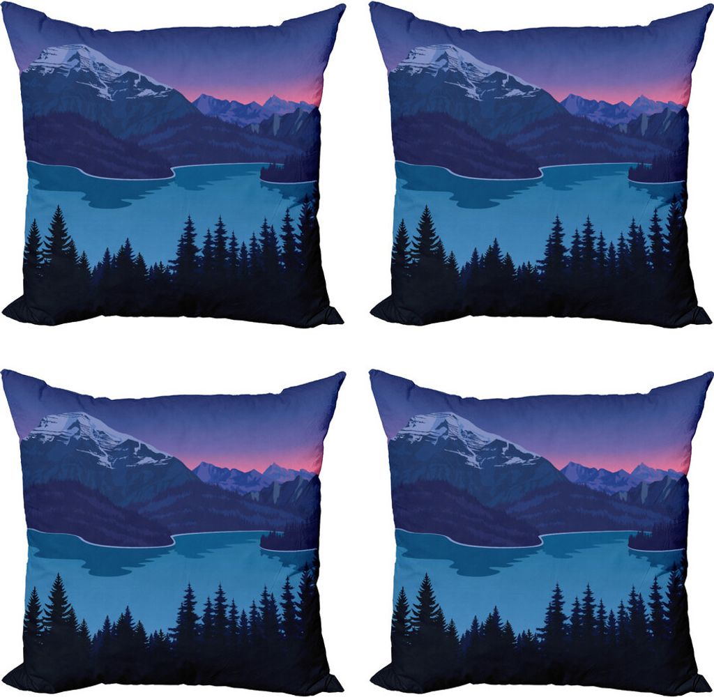 ABAKUHAUS Abenteuer Kissenbezug Set (4 Stück), Berg Hills Wald, Moderner Doppelseitiger Digitaldruck, 50 cm x 50 cm, Blue Night Blau und Pink