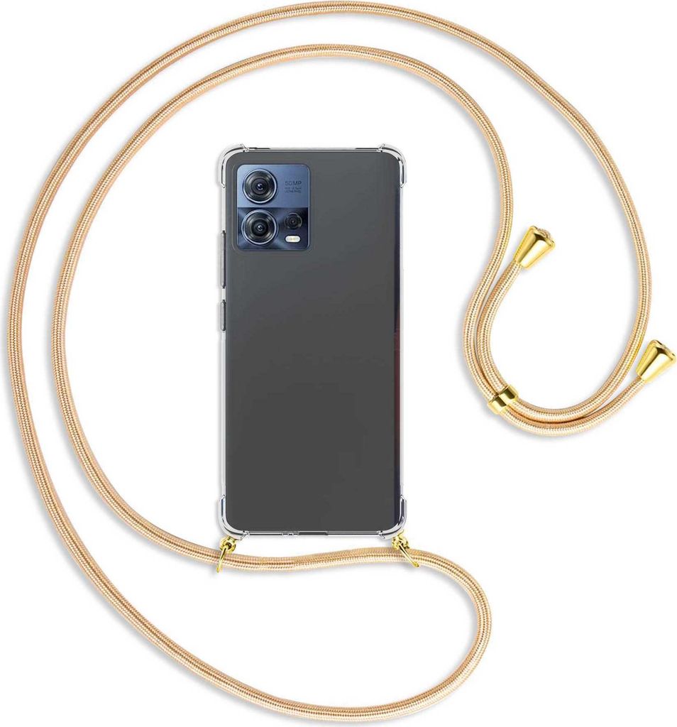 Handykette Backcover-Schutzhülle mit Band (Metall goldfarben) für Motorola Edge 30 Fusion, Moto S30 Pro - Goldkordel