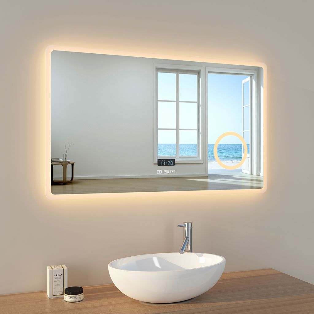 EMKE Badezimmerspiegel LED Badspiegel Wandspiegel 100x60cm mit Touch-Schalter Vergrößerung Schminkspiegel 3 Lichtfarben und Beschlagfrei Bluetooth