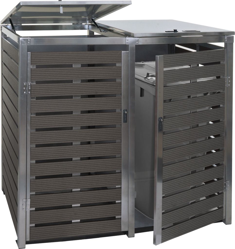 A modern, outdoor bin enclosure with two compartments, made of WPC and stainless steel.