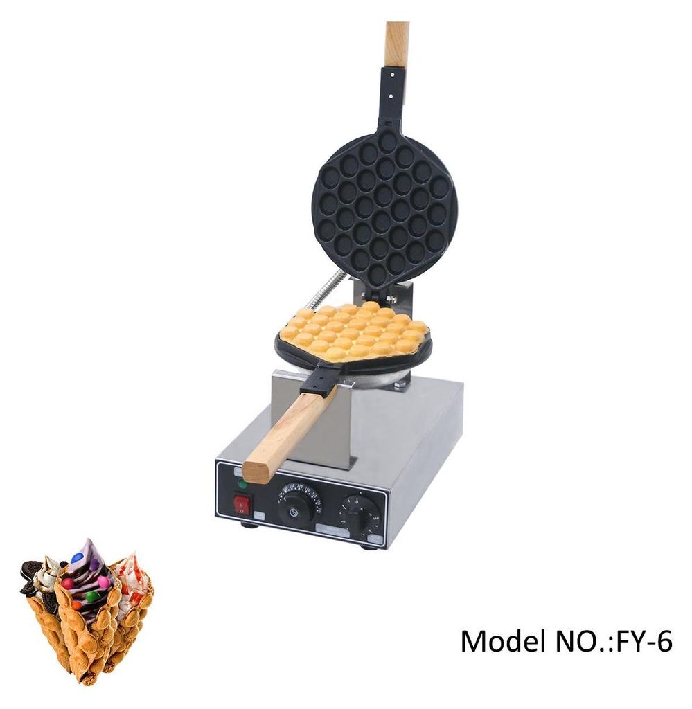 A professional product shot of a bubble waffle maker with a small inset image of bubble waffles filled with ice cream.