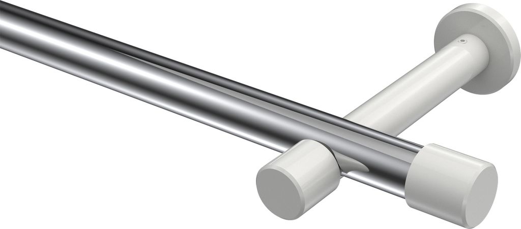 Interdeco Gardinenstange / Vorhangstange Chrom / Weiß, Typ Prestige Santo (Kappe) ohne Ringe, 20 mm Ø 1-läufig, 100 cm