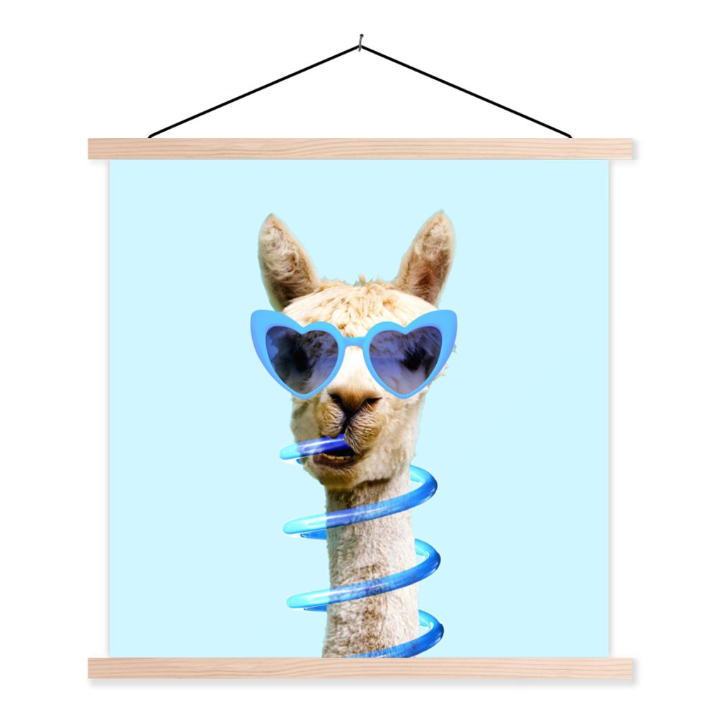 MuchoWow Textilposter Lama - Sonnenbrille - Blau - Tier 120x120 cm mit holzfarbenen Rahmen - Textil-Poster