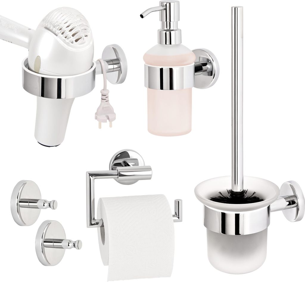 bremermann Bad-Serie LUCENTE - Badzubehör 5tlg. Toilettenpapierhalter WC-Garnitur Seifenspender Handtuchhaken Föhnhalter