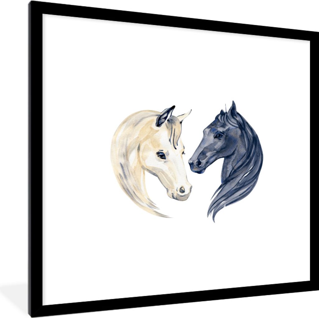 MuchoWow MuchoWow Gerahmtes Poster Pferde - Aquarell - Schwarz - Mädchen - Kinder - Mädchen 40x40 cm - Poster mit zchwarzem Bilderrahmen - Po...