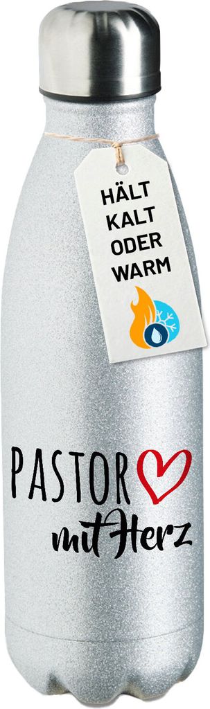 Huuraa Trinkflasche Pastor mit Herz 500ml Silver Edelstahl Wasserflasche Trinkflasche Geschenkidee