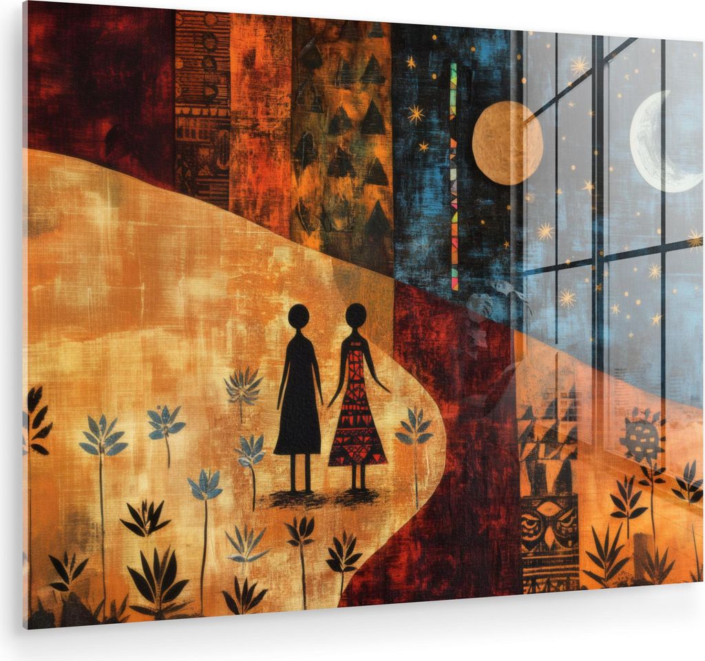 MuchoWow Glasbilder - Bilder auf Wandbild - Foto auf Glas Scherenschnitte - Abstrakt - Sonne - Mond 80x60 cm Wanddekoration aus Glas - Acrylglasbil...