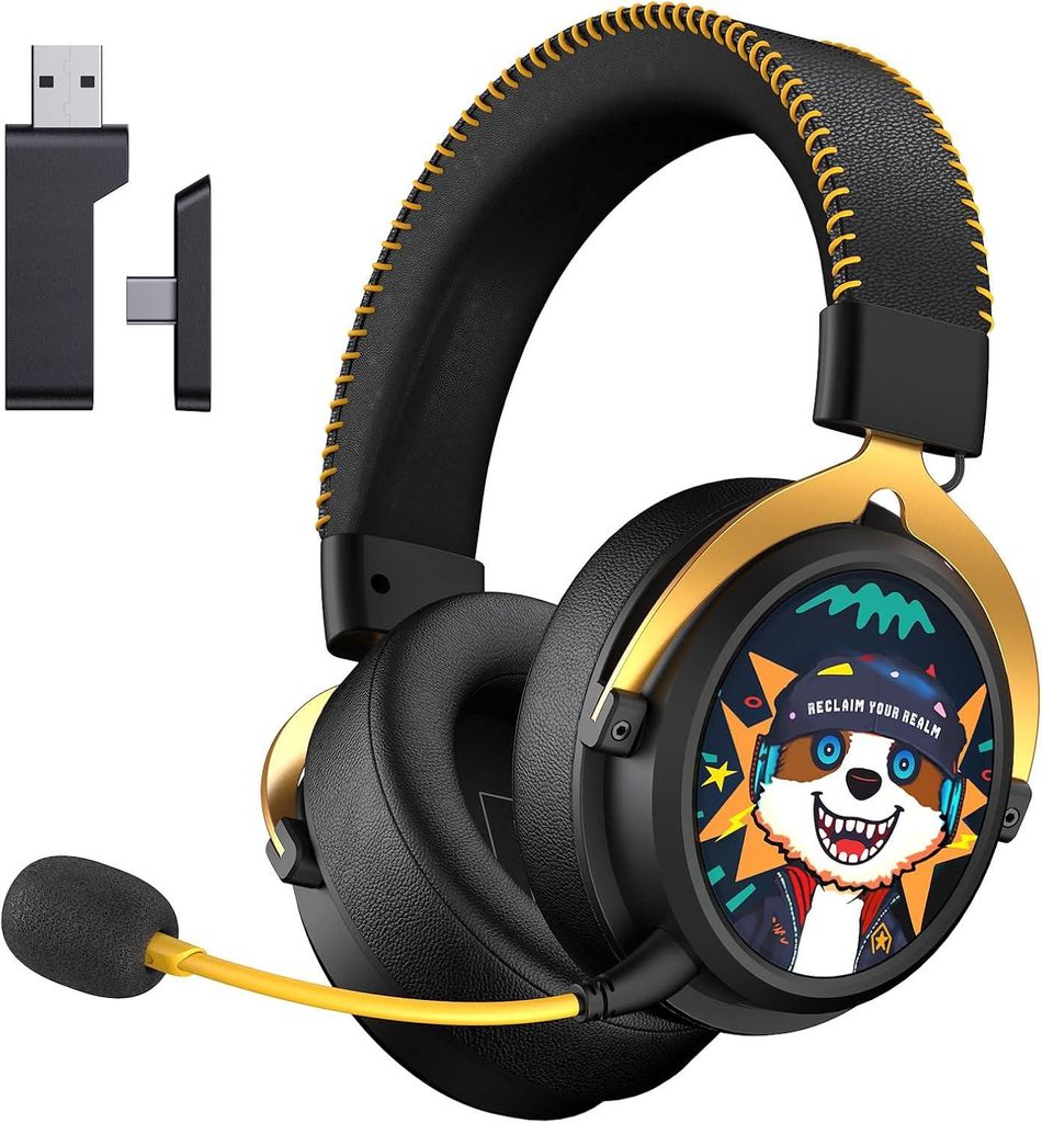 Kabelloses Gaming Headset PS5/PC/Switch mit BT 5.3, Noise Cancelling Mikrofon, Low Latency, 70+ Std. Akku, Type-C & Type-A, stylisches Waschbär-De...