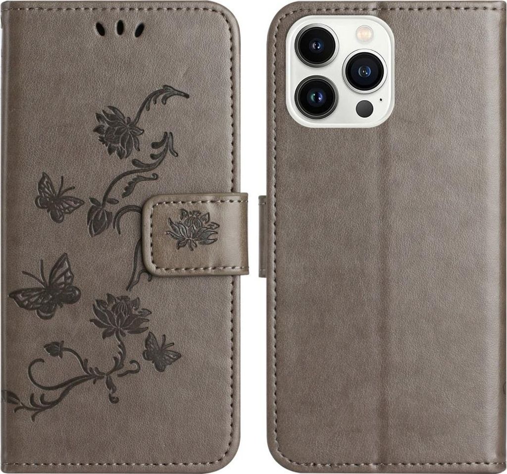 iPhone 16 Pro Hülle - Coverup Blumen & Schmetterlinge Klapphülle - Taupe Grau