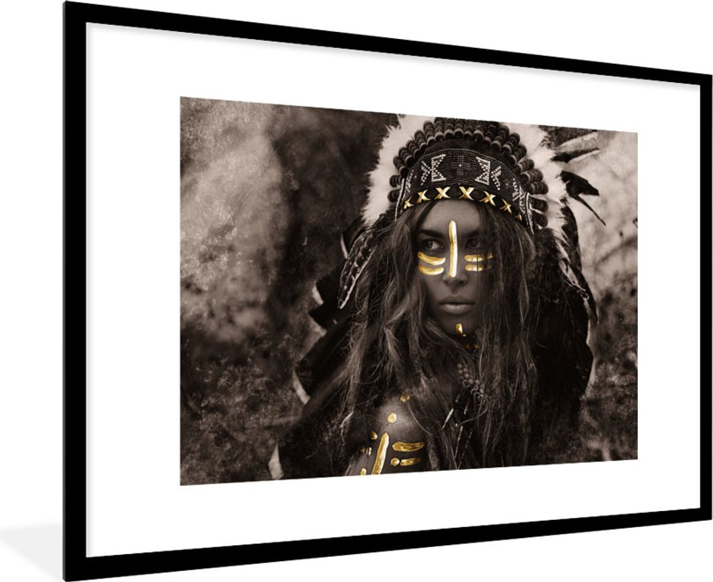 MuchoWow Gerahmtes Poster Frau - Indianerkleid - Gold 90x60 cm - Poster mit Schwarzem Bilderrahmen Wandposter Rahmen Foto Bilder - Wanddekoration...