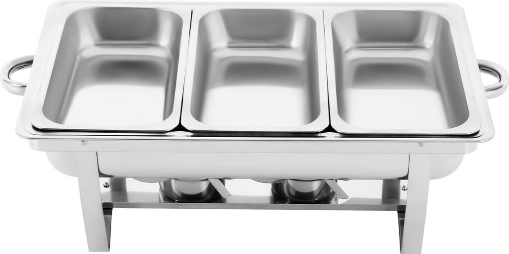 A stainless steel chafing dish with three compartments.