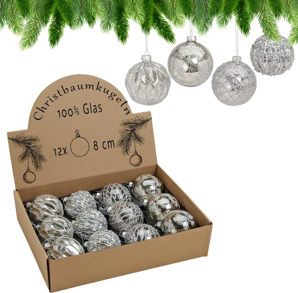 Boules de Noël Argent Scintillant - Déco de Sapin Incassable - 12pcs