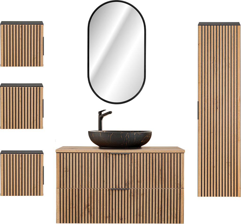 Set aus Einzelwaschtisch 100cm Spiegel LED Säule und 3 Hängeschränke Gaia Holz und Schwarz - Waschtisch Schwarz