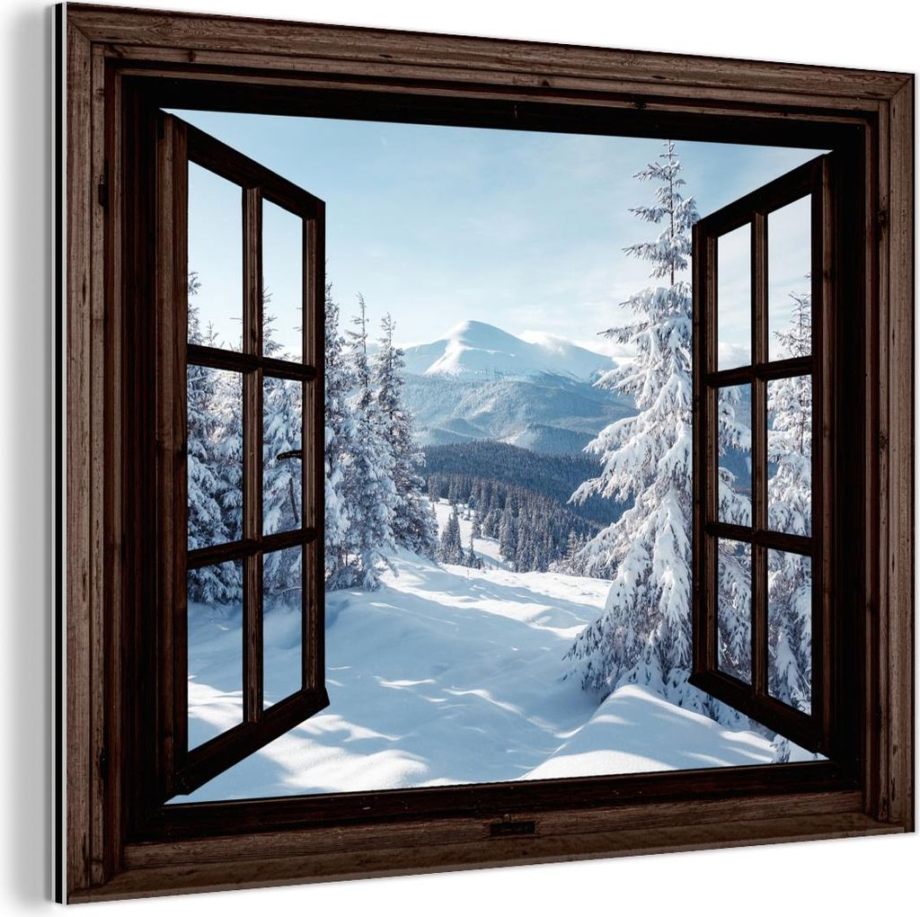 MuchoWow Wanddekoration Metall Metallbild Wandkunst 80x60 cm Winter - Landschaft - Natur - Berg - Bäume - Aussicht - Ansichten MuchoWow Aluminium ...
