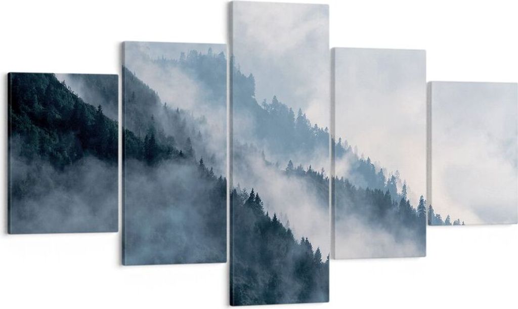Bild auf Leinwand - Leinwandbild - 5 Teile - Berge Nebel Bäume - 125x70cm - Wand Bild - Wanddeko - Wandbilder - Leinwanddruck - Bilder - Wanddekor...