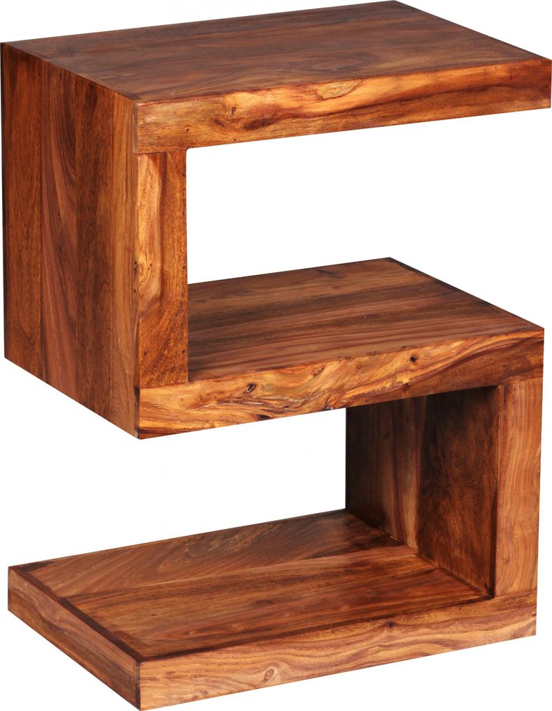 A wooden side table with a unique S-shaped design.
