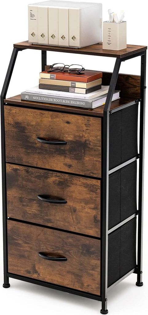 A product shot of a vintage-style storage cabinet with three fabric drawers.