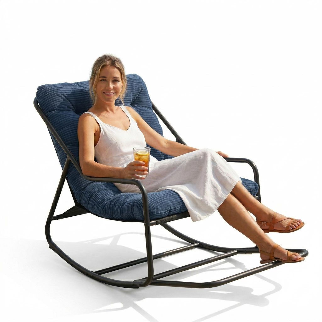 LVHOM Schaukelstuhl mit Armlehnen, Schaukelsessel Cordstoff Relaxsessel Modern mit Metallgestell & dickem Polster, Lesesessel Skandinavisch, Blau