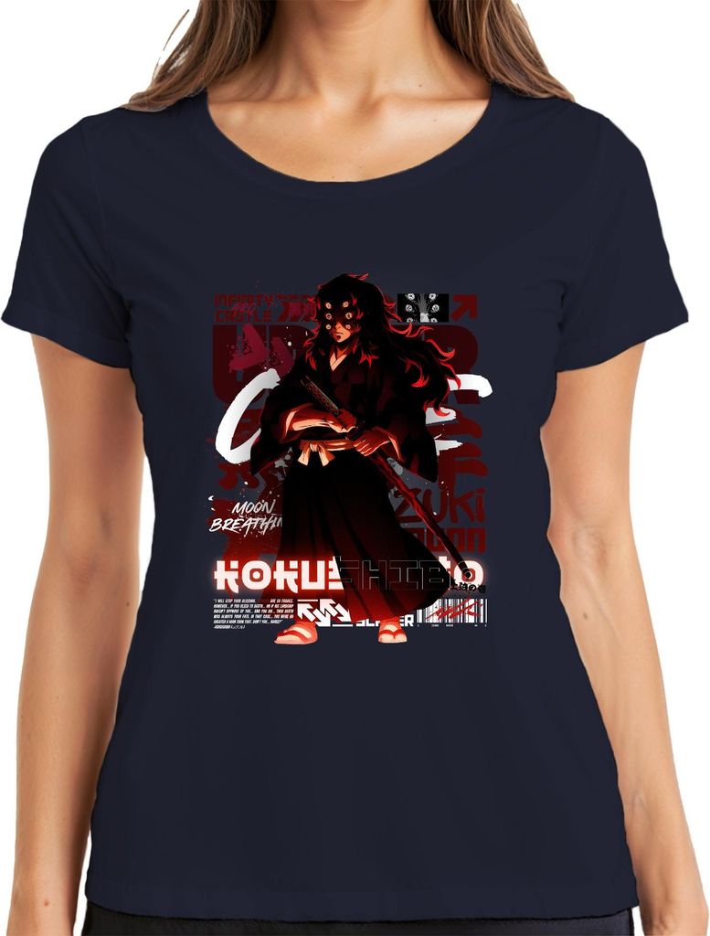 Kokushibo Moon Breathing Samurai Dämon Manga Geschenk Grunge Damen T-Shirt, Navy, S