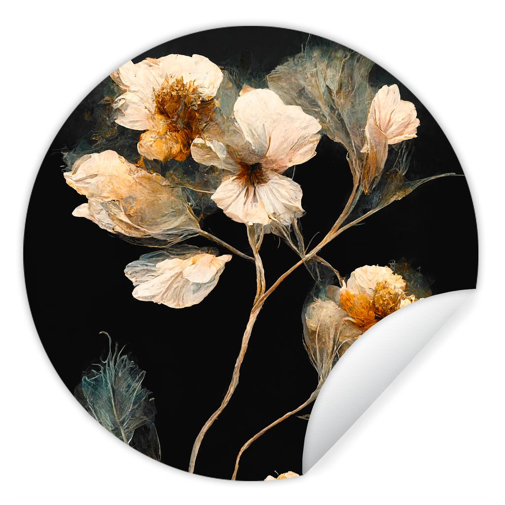 MuchoWow Runde Wandtattoo - Wandsticker Tapete Aufkleber Blumen - Schwarz - Pflanzen - Vintage Ø 80 cm Selbstklebend und Repositionierbar - Wand...