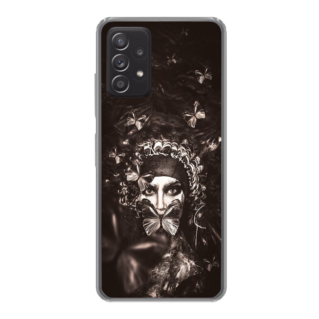 MuchoWow Handyhülle Schutzhülle Hülle für Samsung Galaxy A33 5G Frau - Schmetterling - Schwarz - Weiß Silikon Softcase Handy Hülle - Karten...