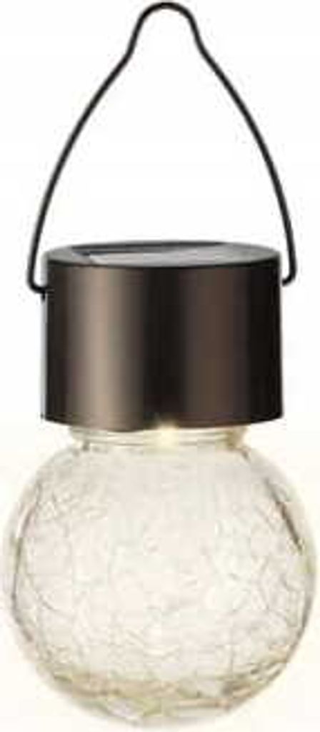 A solar-powered garden lantern with a cracked glass bulb and a dark metal top.
