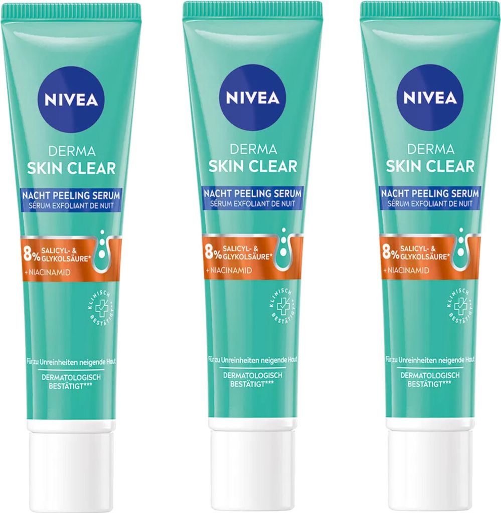 NIVEA Derma Skin Clear Nacht Peeling Serum, 3 x 40ml