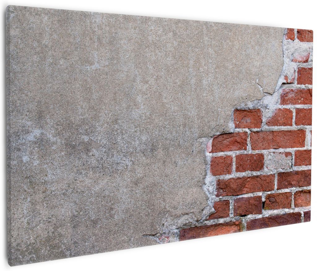 Wallario Premium Leinwandbild Steinwand rote Ziegelsteine mit Putz in Größe 60 x 90 cm