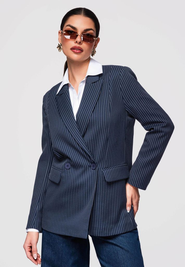 Ombre Damen-Blazer in Hüftlänge mit klassischem Schnitt und Nadelstreifen dunkelblau M