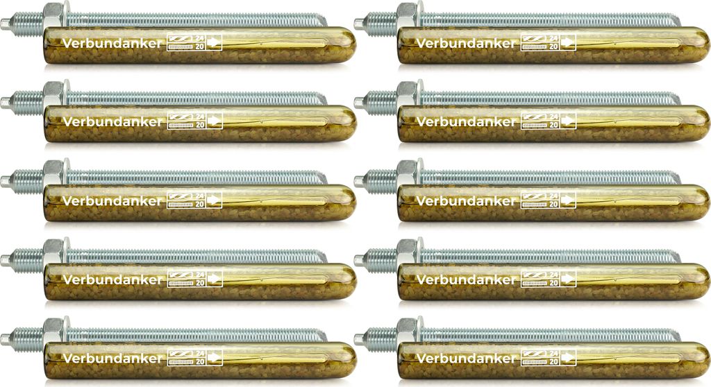 Isolbau Verbundanker Set - Verbundankerpatrone styrolfrei V20 + Ankerstange verzinkt M20 x 260 - ETA/ETAG Zulassung - 10 Stück