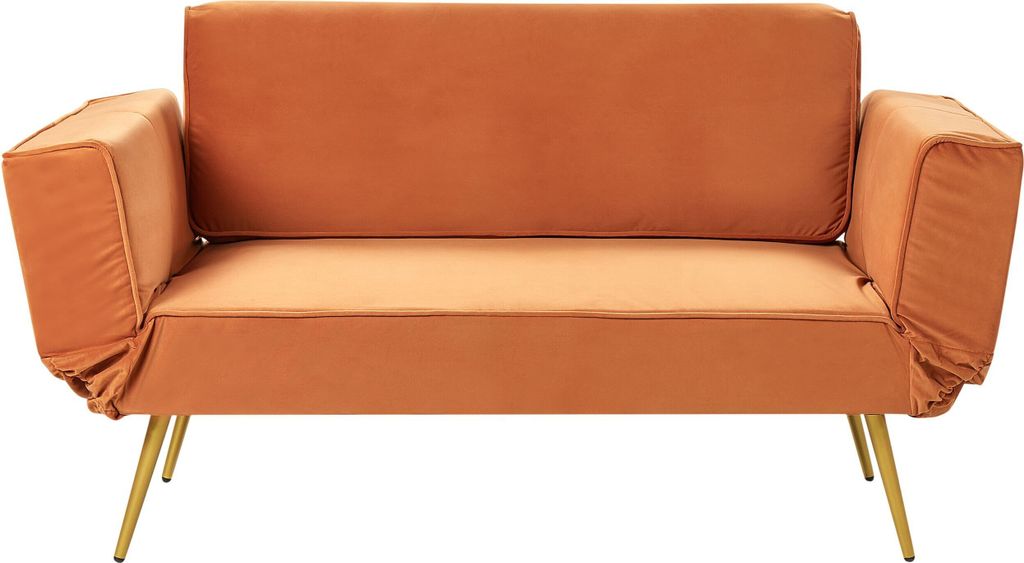 BELIANI Schlafsofa Orange aus Samt 2-Sitzer Verstellbare Armlehnen Goldene Beine für Wohnzimmer Gästezimmer Gästebett