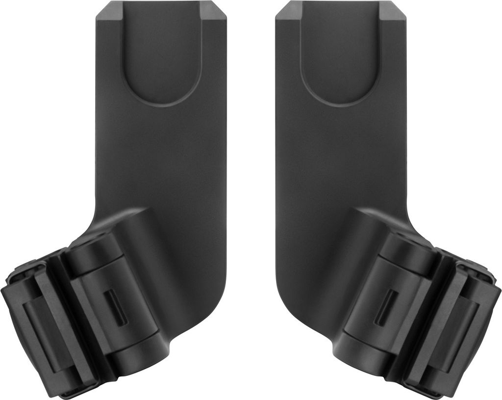 A pair of black adapters for a baby stroller, shown against a white background.