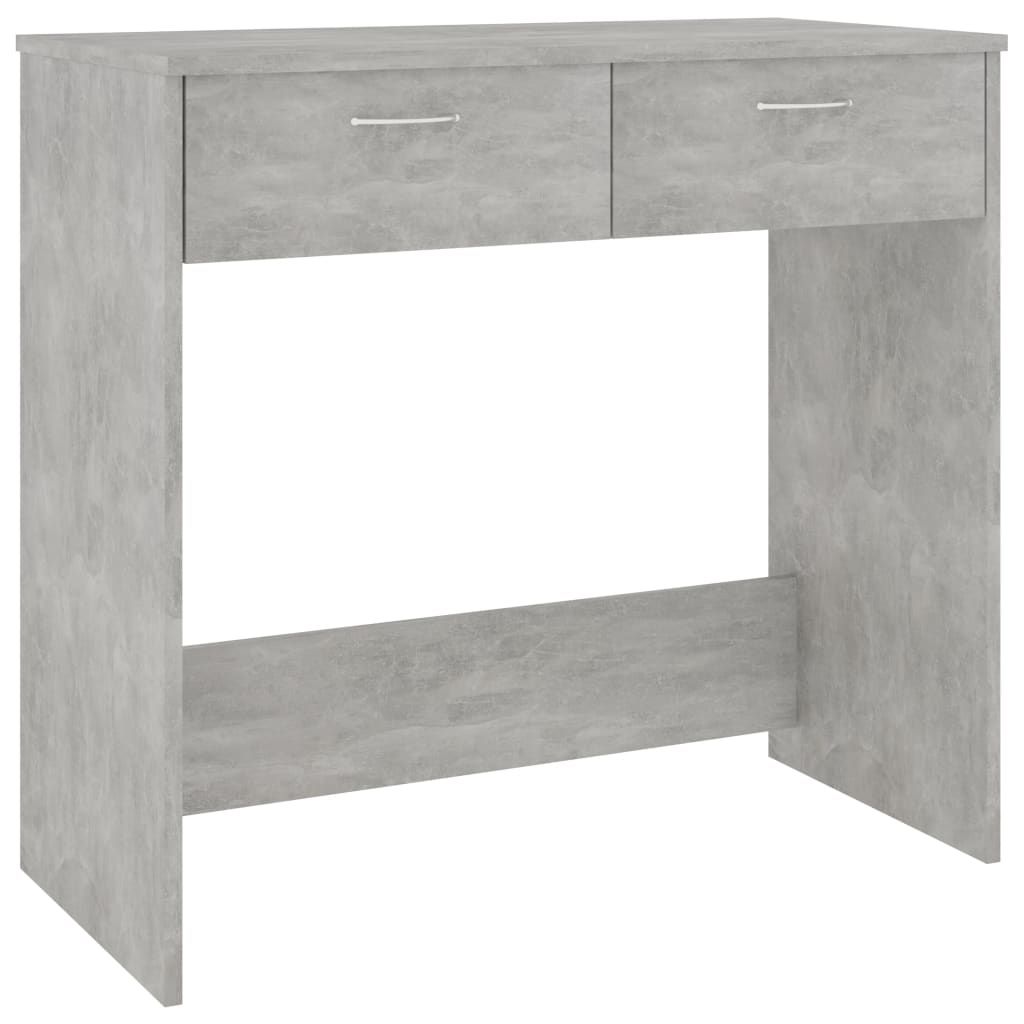 A grey wooden desk with two drawers.