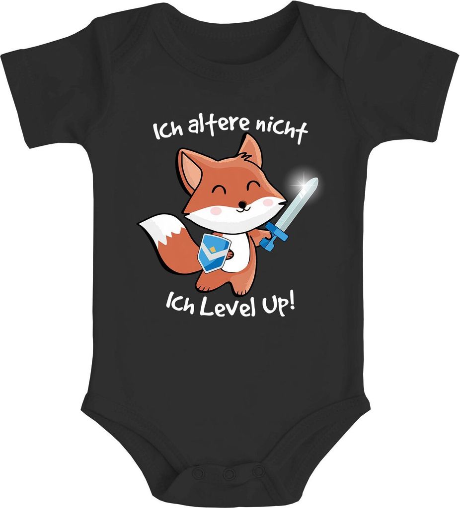 Baby Body Gaming mit Spruch lustig Fuchs Ich altere nicht ich level up Baumwolle Jungen & Mädchen MoonWorks schwarz 0-3 Monate
