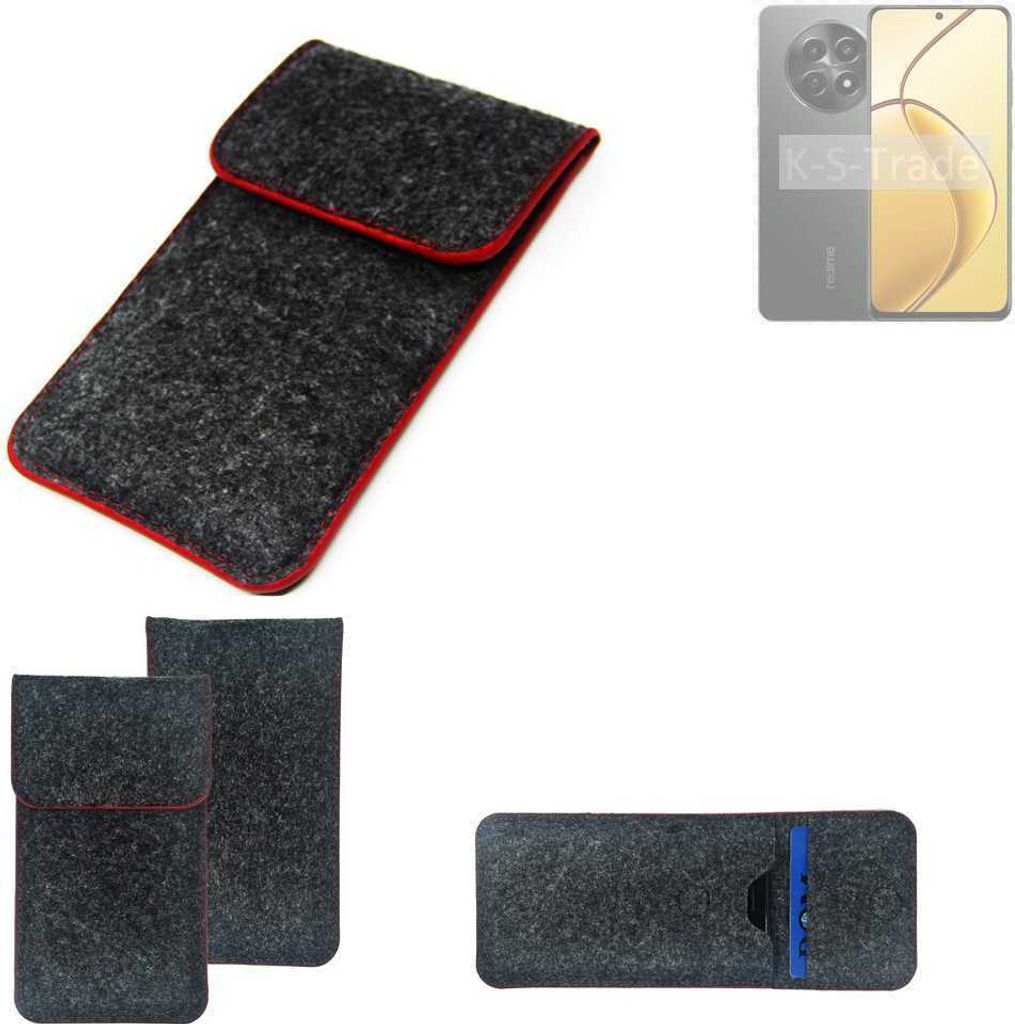 K-S-Trade Handy Schutz Hülle kompatibel mit Realme C65 5G Schutzhülle Handyhülle Filztasche Pouch Tasche Case Sleeve Filzhülle dunkelgrau roter