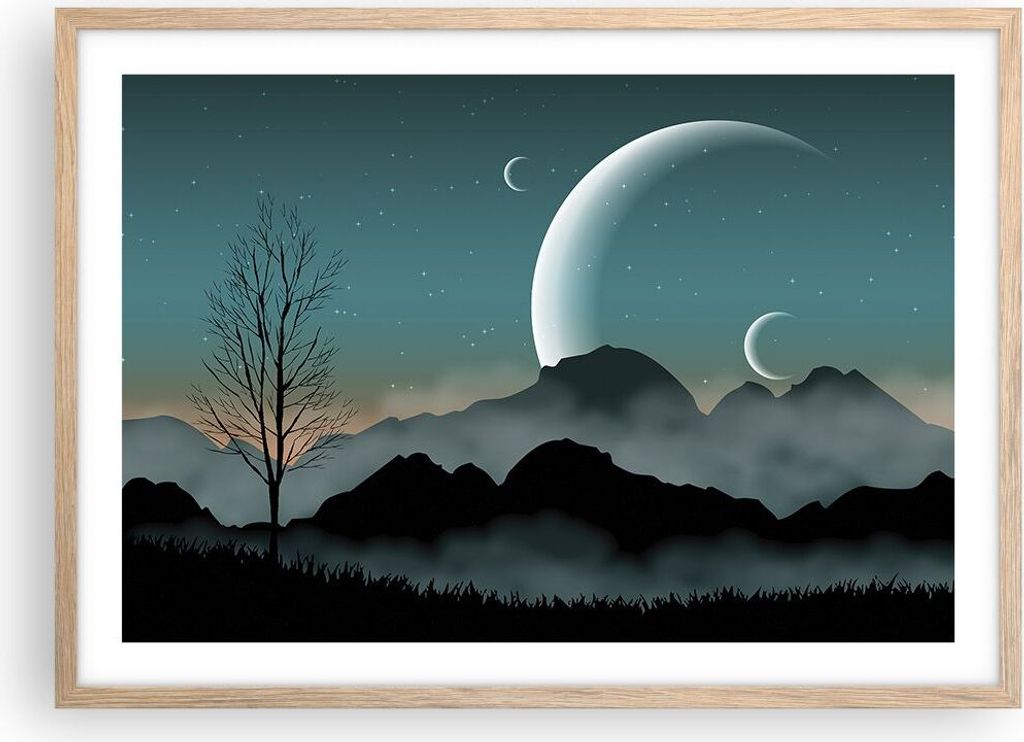 Gerahmtes Poster - Rahmen in heller Eiche - Himmel Nacht Illustration - 70x50 cm - Wand Bild - Wanddeko - Wandbilder - Wandposter - Bilderrahmen - ...