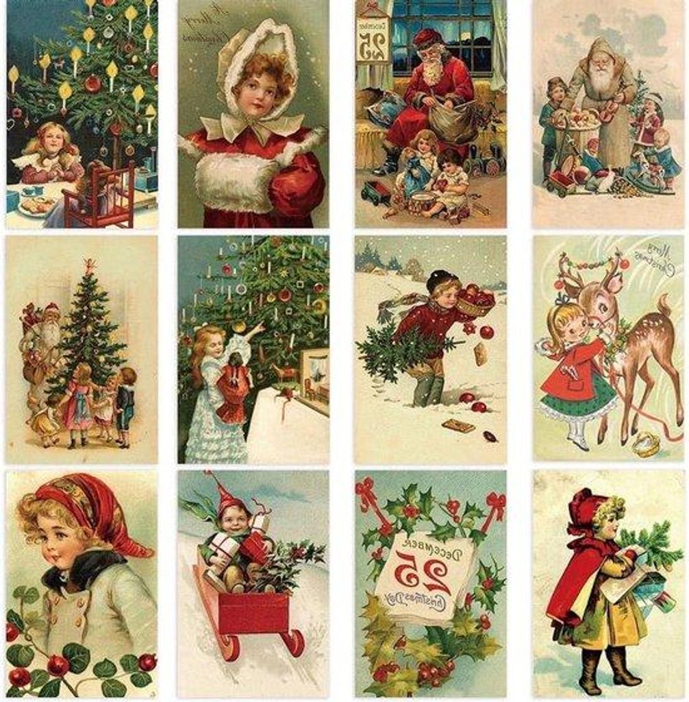 Antik Vintage Winter Kerstkaarten Set, 12 Stück, Weihnachtskarten mit Winterthema - Weihnachtsmann und Antik Design - Ideal für Weihnachtsgrüße...