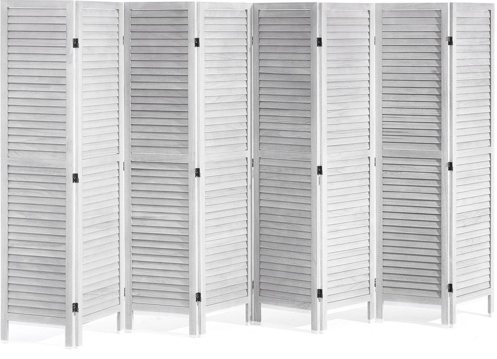 A white, slatted room divider is shown from the front.