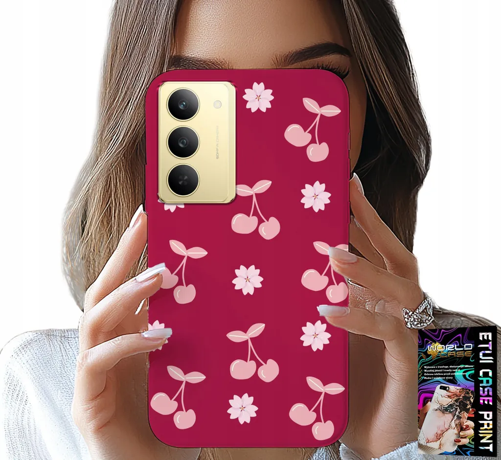 Custodia Realme 14X con Ciliegie su Sfondo Bordeaux e Pellicola 9H