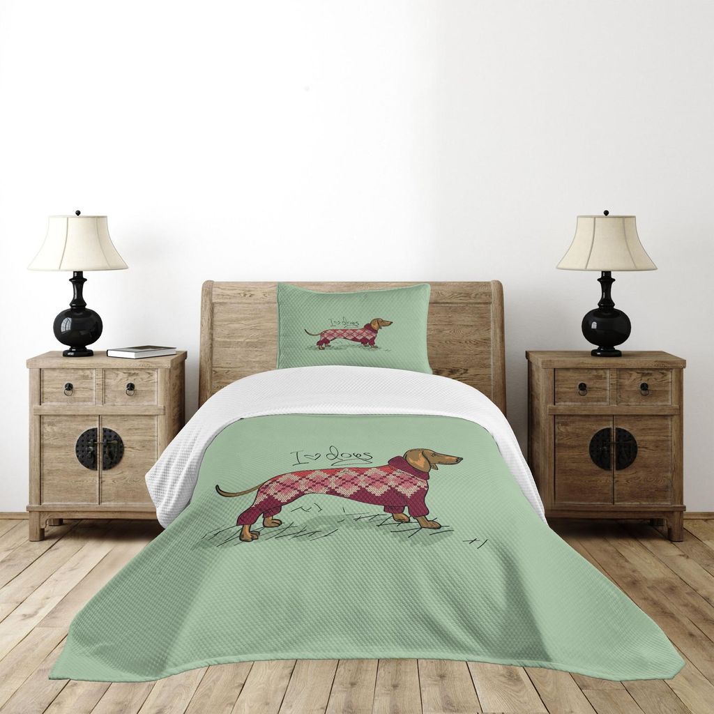 ABAKUHAUS Dackel Tagesdecke Set, Netter Hund in gestrickten Pullover Design detaillierte bunte Cartoon-Stil Tiermuster, 170 x 220 cm, Mehrfarbig